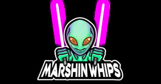 Alien head with gold eyes holding magenta neon lightsabers above MARSHIN WHIPS text logo