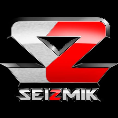 Seizmik logo featuring a red and white geometric design with a black arrow pointing down, on black background