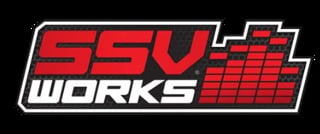 SSV Works logo featuring red and white text with geometric red bar pattern on black background