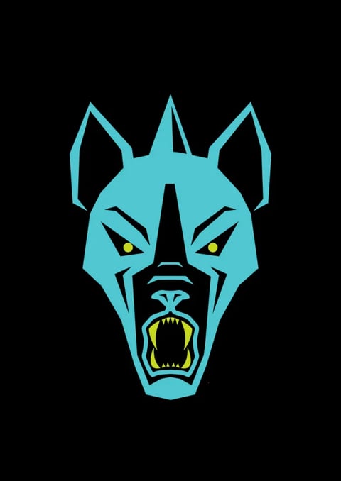 Stylized cyan wolf head with yellow eyes and open mouth showing fangs on black background