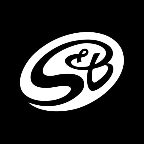 Stylized black and white logo featuring intertwined letters SB in an oval design on dark background