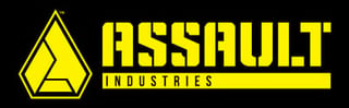 Assault Industries logo featuring a yellow and black geometric triangle symbol with company name and text on dark background