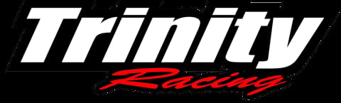 Trinity Racing logo with white italicized text and red cursive script on black background