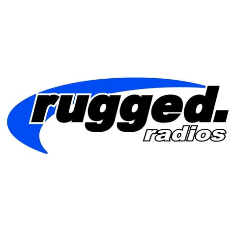 Rugged Radios logo featuring blue curved swoosh with bold black italic text