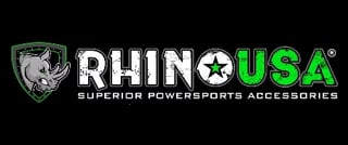 RhinoUSA logo with rhino icon and green star, text reads Superior Powersports Accessories on black background