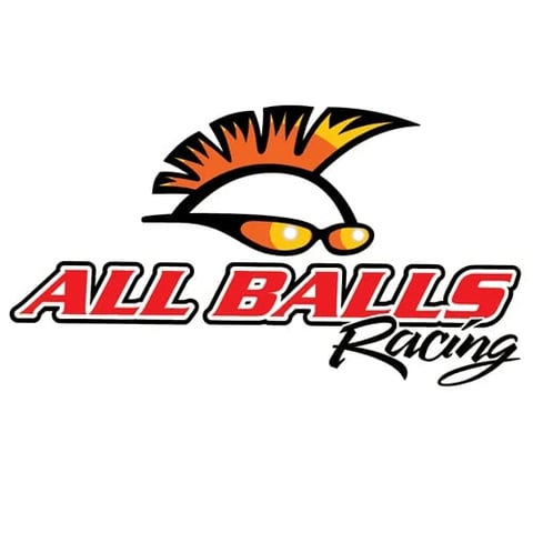 All Balls Racing logo featuring a stylized helmet with orange and yellow flame graphics and yellow goggles