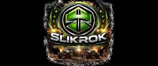 SLIKROK logo with green cross in circular emblem, gold wings, and fiery volcanic base