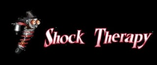 Shock Therapy logo featuring a retro robot character with glowing eyes next to stylized pink text on black background